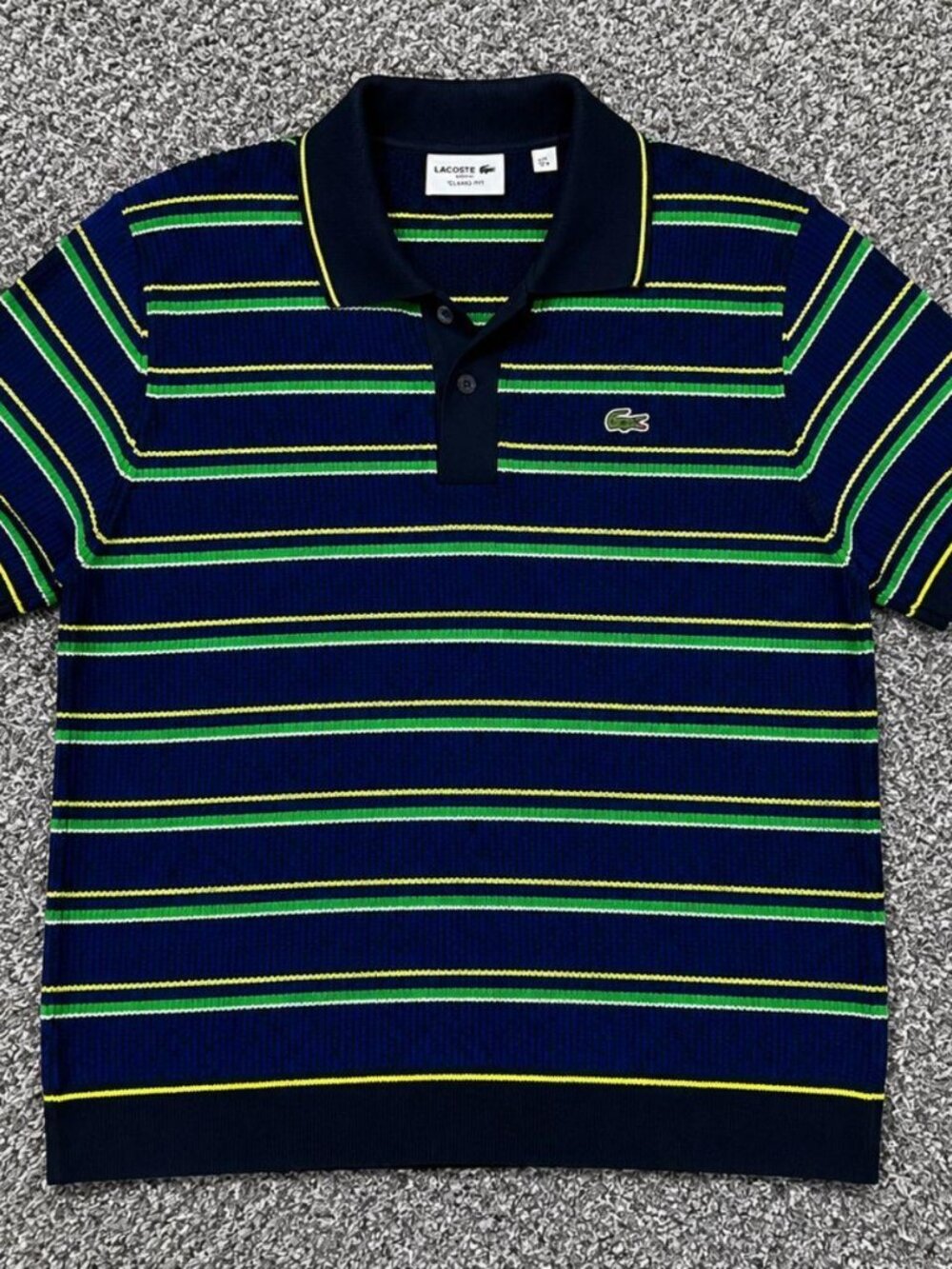 Lacoste Classic Fit Navy Green Striped Knit Polo Shirt